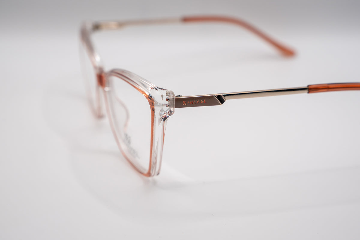 Armação ANA VIEL em Acetato - Hastes Metal Dourada - Cor Caramelo e Transparente