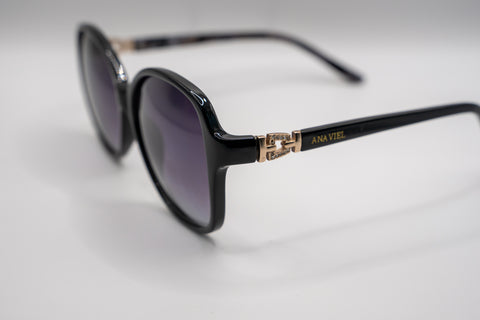 Óculos de Sol ANA VIEL em Acetato com Detalhes em Metal Dourado - Cor Preta